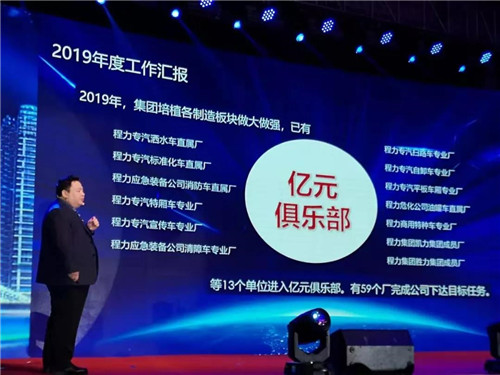 程力汽車集團(tuán)總經(jīng)理程阿羅向大會(huì)作主題演講報(bào)告，并全面部署2020年工作計(jì)劃。 程力集團(tuán)公司總經(jīng)理向年會(huì)報(bào)告2019年工作完成情況，以及2020年主要工作任務(wù)和集團(tuán)“四五”規(guī)劃及長遠(yuǎn)規(guī)劃的有關(guān)情況。 他講到，剛剛過去的2019年，程力公司面臨國內(nèi)外汽車市場(chǎng)低迷的不利形勢(shì)，集團(tuán)廣大干部職工團(tuán)結(jié)一心，發(fā)揚(yáng)頑強(qiáng)拼搏、銳意進(jìn)取的精神，用汗水詮釋責(zé)任，實(shí)干篤定前行，使集團(tuán)公司的生產(chǎn)經(jīng)營實(shí)現(xiàn)了逆勢(shì)上揚(yáng)。程力專汽全年產(chǎn)值突破60億元，同比增長20%，出口創(chuàng)匯3050萬美元，上交稅金6468萬元，底盤銷售突破2萬臺(tái)